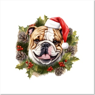 Christmas Bulldog Wreath Posters and Art